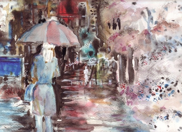 雨降る夜の街 : 夢色彩々―水彩画、スケッチ帳