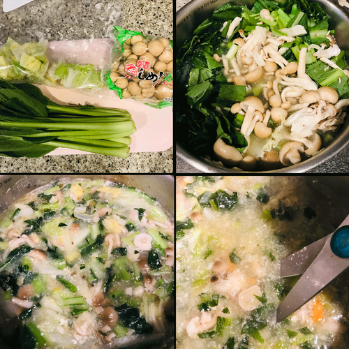 朝から温活シメジと小松菜白菜豆乳スープ