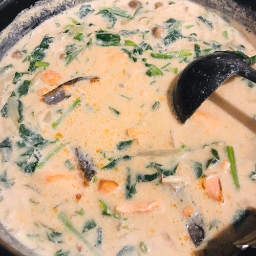 鮭しめじほうれん草豆乳スープ4