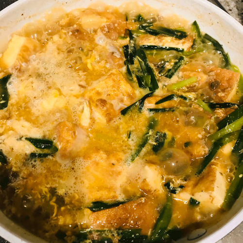 サバの味噌煮缶と厚揚げ、ニラの卵とじ2