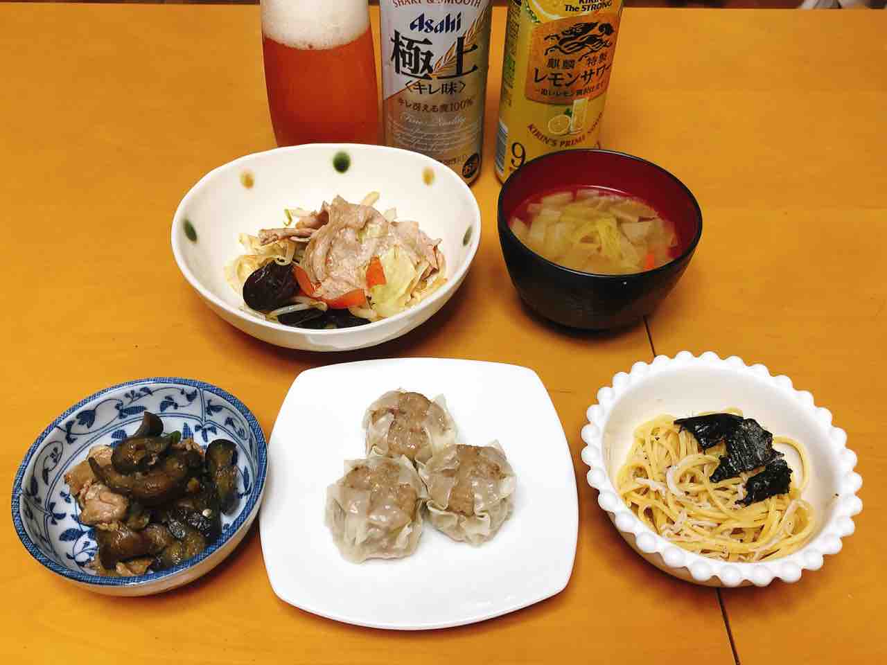 焼売 シラスのパスタ 豚肉とナスの味噌炒め 肉野菜炒め スープ No 16の日常