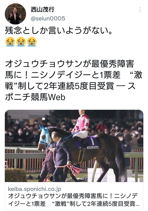 西山オーナー「残念としか…」　JRA賞オジュウチョウサン138票、ニシノデイジー137票　わずか1票差に