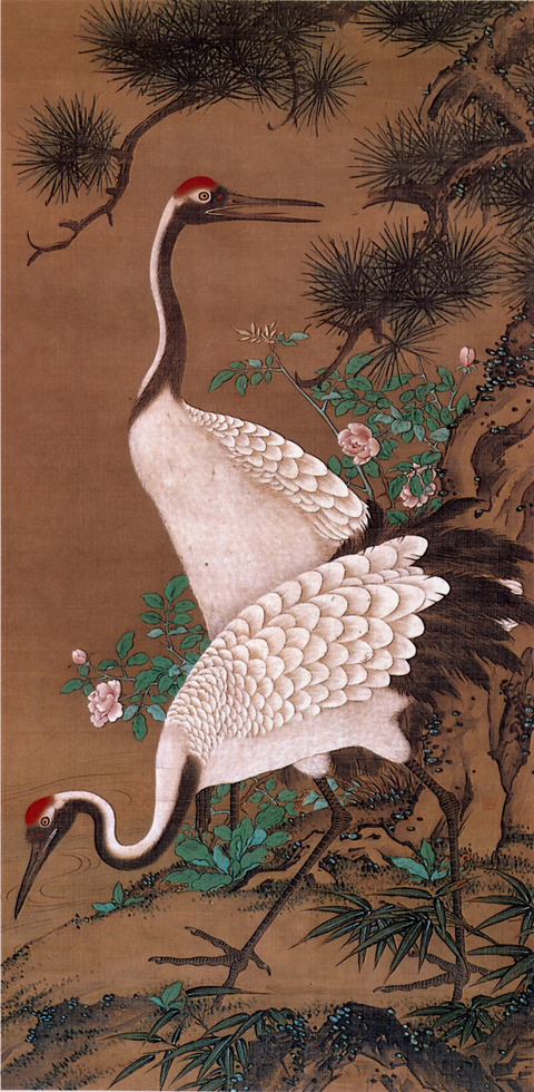 183   双鶴図 渡辺秀石筆 絹本着色