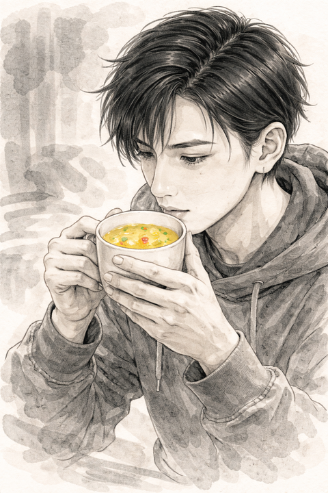 コーンポタージュを飲む男性