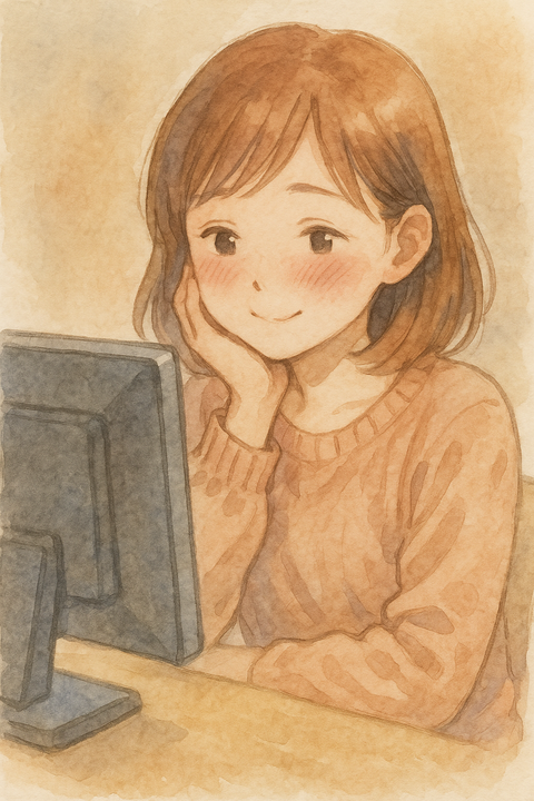 パソコンモニターを見つめて照れる女子