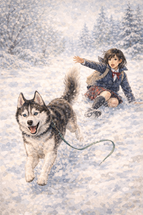 雪の中逃げ出すハスキー