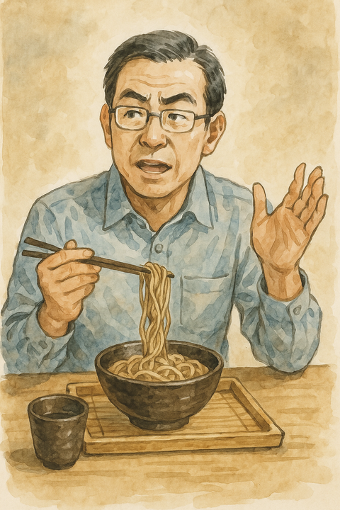 そばを食べながらうんちくを語る中年男性