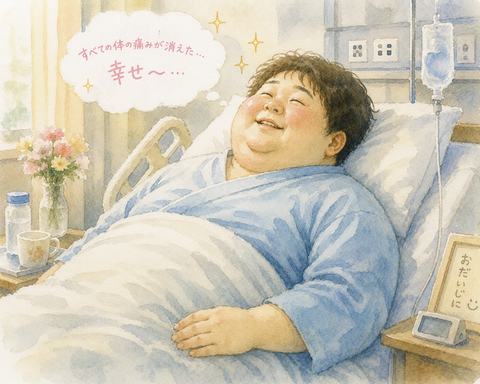 体の痛みが消えて幸せそうな入院中男性