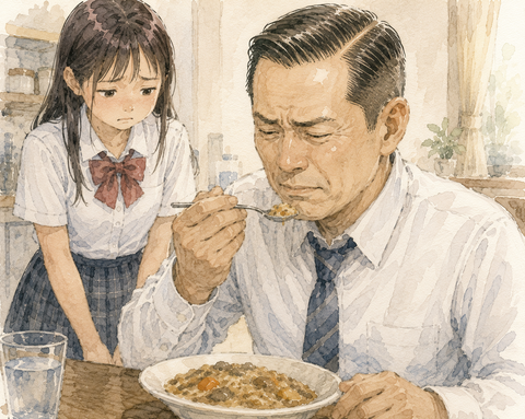 高校生娘がまずい料理を作ったときおいしそうに食べる父親