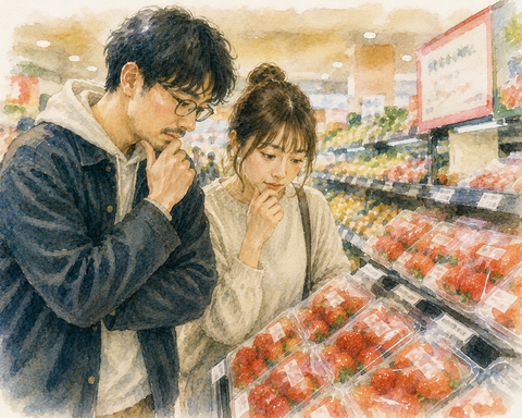 スーパー　いちごで迷う男女