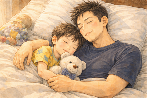 幼稚園息子とベッドで寝る父親