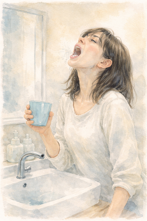 うがいする体調不良の女性