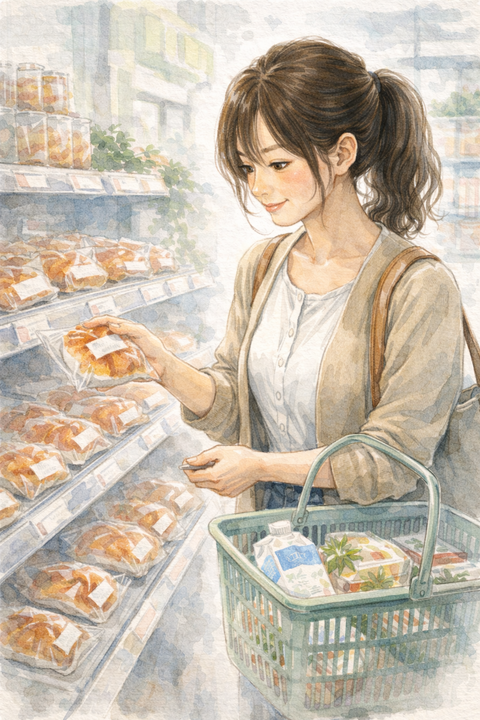 コンビニの総菜パンを選ぶ主婦