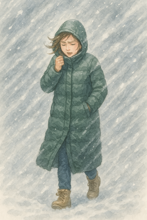 猛吹雪の中歩く女性