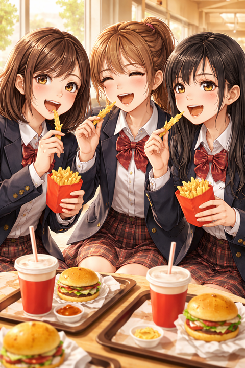 ファストフードでフライドポテトを食べる女子高生