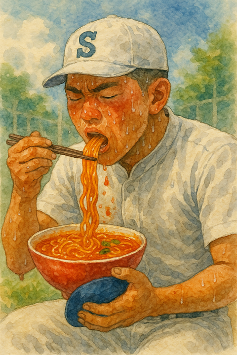 激辛ラーメンを食べて汗だくの高校球児