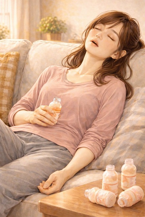 乳酸菌飲料飲みすぎでソファに座って寝落ちする女性