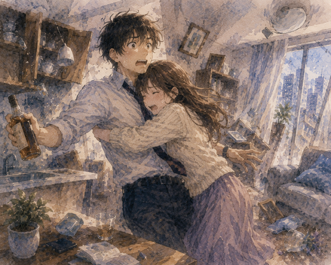 妻に抱きつかれた　焦る旦那