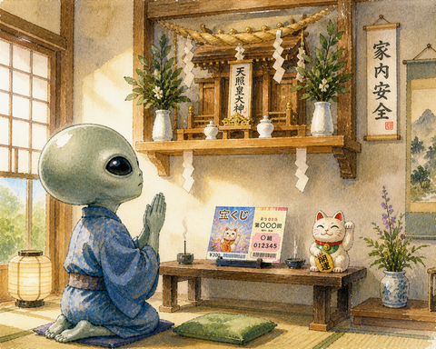 宝くじを神棚に備えてお祈りする宇宙人