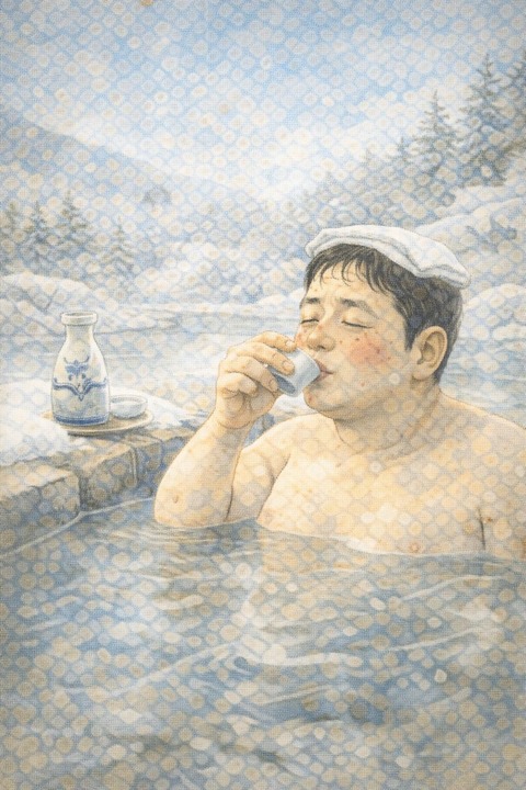 雪景色の温泉で日本酒を飲む中年男性
