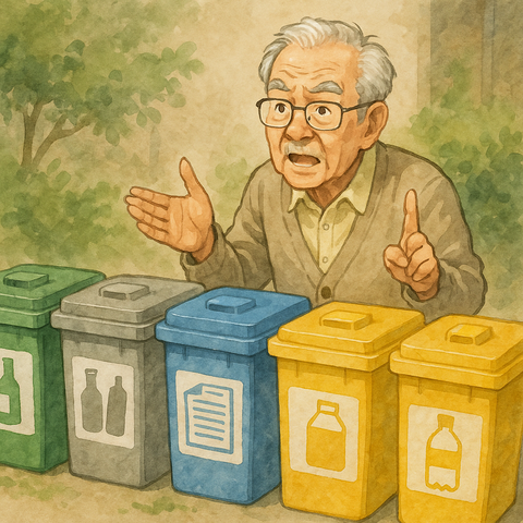 細かくゴミの分別を支持するおじいさん