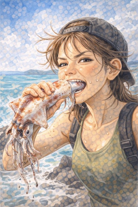 イカを食べる女性冒険者