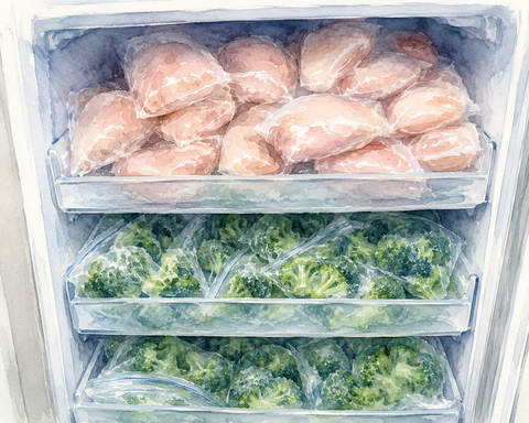冷凍庫に、鳥の胸肉とブロッコリーが大量