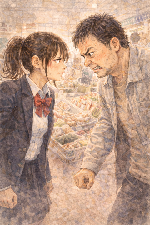 女子高生と中年男性のにらみ合い