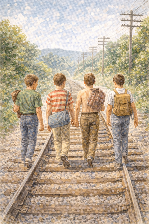 線路を歩くアメリカの少年