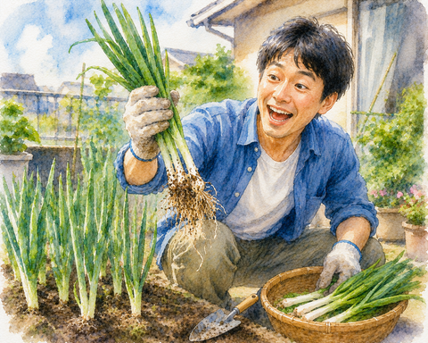 ネギの家庭菜園収穫する楽しそうな男性