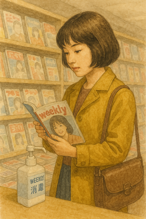 本屋で雑誌を選ぶ女性