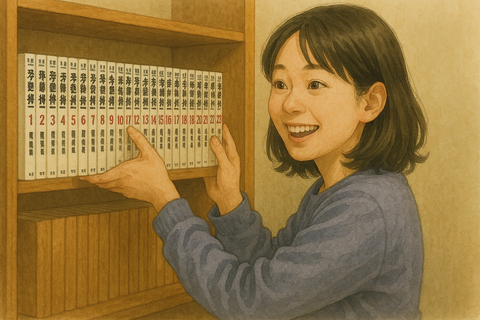 全23巻の漫画を本棚にしまう女性