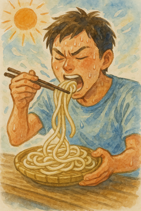 ざるうどんを食べる男性