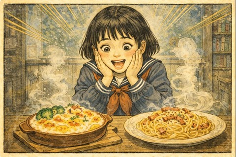 グラタンとカルボナーラに興奮する女子