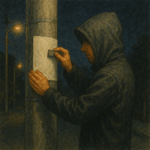 電柱に張り紙をする怪しい男性