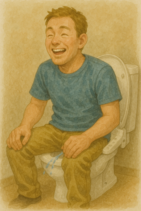 シャワートイレに座る男性