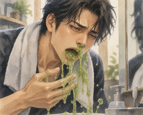 緑色のスライムみたいな痰が鼻から口からでる男性