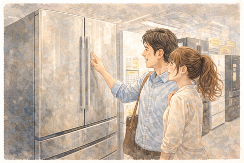 冷蔵庫を選ぶ夫婦