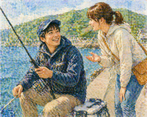 釣りする男性と話しかける女性