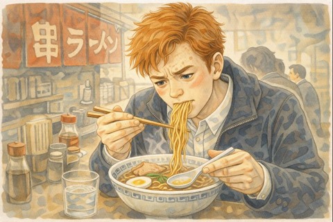 ラーメンを食べる赤毛のイギリス人男性