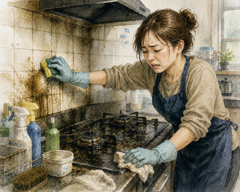 コンロ周りの大掃除をする女性