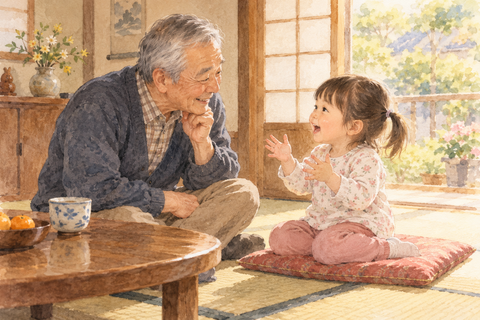 お爺さんと話す女児