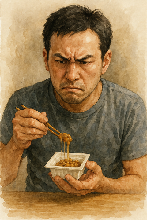納豆を食べようか迷う男性