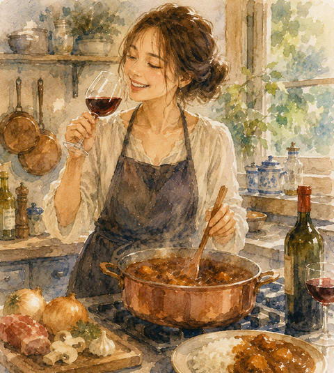 ワインを飲みながらカレー作り