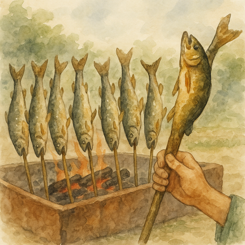 シャモや鮎を焼く