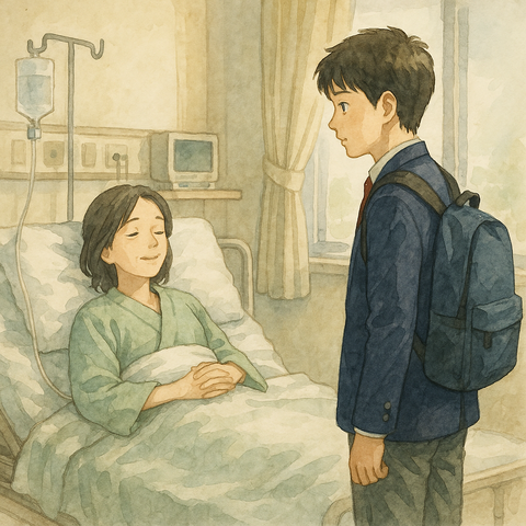 入院する母親お見舞いする高校生男子