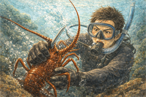 海に潜って伊勢海老を採る男性