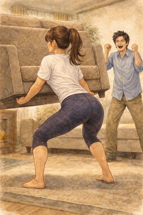 ソファを持ち上げる女性