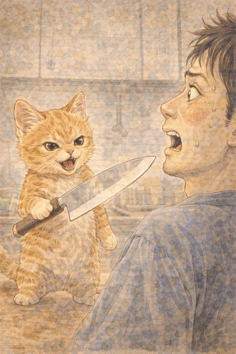 出刃包丁を持った子猫と男性
