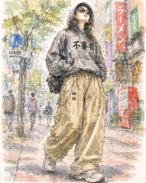 不審者パーカーと板垣ズボンの女性
